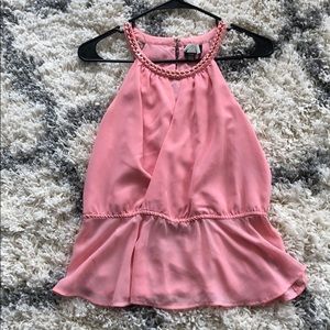 Semi-sheer pink top with gold chain collar